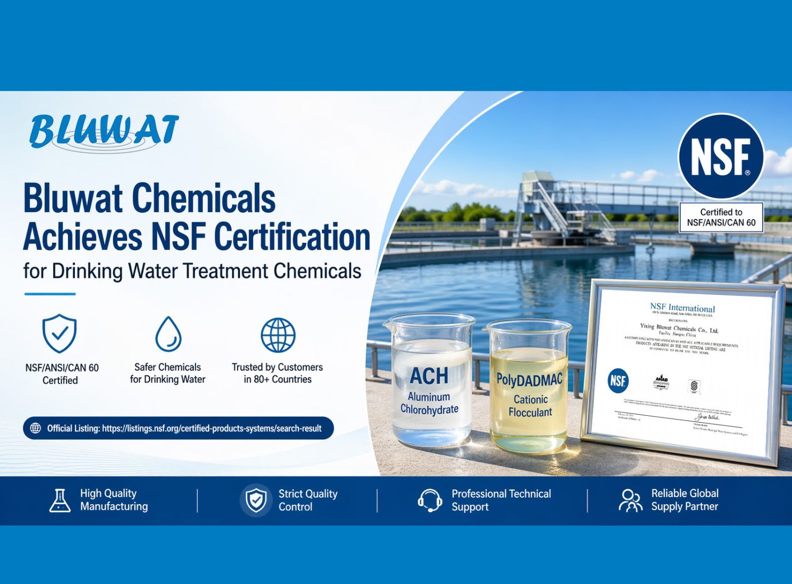 Последние блоги о компании Компания Bluwat Chemicals получила сертификацию NSF для химикатов для очистки питьевой воды