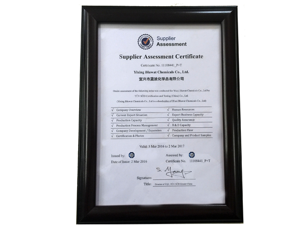 Китай Yixing bluwat chemicals co.,ltd Сертификаты